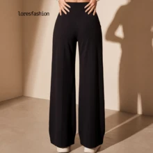 Pantalón de vestir mujer cintura alta pierna ancha stretch crepé casual elegante para oficina reuniones eventos bolsillos pretina elasticada botón forrado antiarrugas sin transparencia suave - Negro - Ver 6