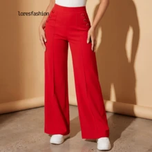 Pantalón de vestir mujer cintura alta pierna ancha stretch crepé casual elegante para oficina reuniones eventos bolsillos pretina elasticada botón forrado antiarrugas sin transparencia suave - Rojo - Ver 3