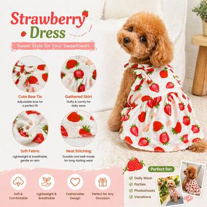 holdhoney Váy cho thú cưng in hình dâu tây, có thể điều chỉnh kích cỡ - Váy hè bằng cotton thoáng khí cho chó - Trang phục không tay dễ thương cho chó nhỏ (Chihuahua, Yorkie) - Hoàn hảo cho những buổi đi dạo mùa hè, chụp ảnh thú cưng và mặc hàng ngày.