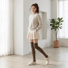 女童针织长款过膝袜，宽松袜口时尚过膝长筒袜 - 棕色 - 查看 3