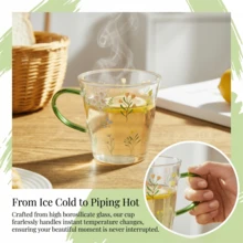 Floral Printed Glass Mug With Green Handle, 400ml/13.5oz Clear Drinking Cup For Coffee Tea Juice, Cute Flower Design Water Glass For Home Kitchen - Multicolor - View 1
