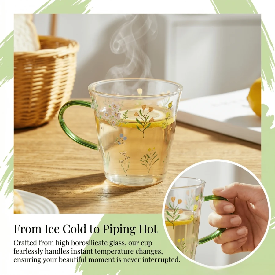 Floral Printed Glass Mug With Green Handle, 400ml/13.5oz Clear Drinking Cup For Coffee Tea Juice, Cute Flower Design Water Glass For Home Kitchen - Multicolor - View 1