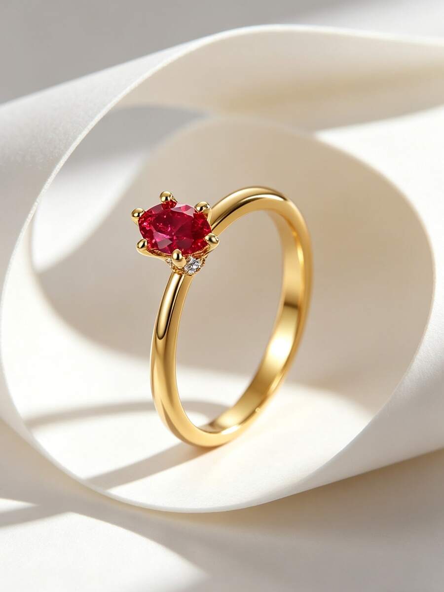 Charm-In Nhẫn solitaire ruby tối giản, mạ vàng đồng với đá CZ đỏ hình bầu dục và điểm nhấn pha lê nhỏ, thiết kế đơn giản phù hợp cho đeo hàng ngày và thường ngày. - Vàng - Xem 1