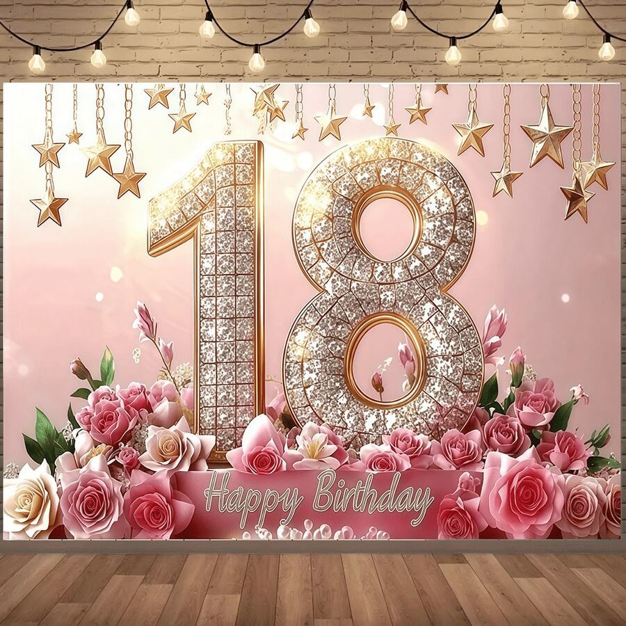 1 pièce Toile de fond pour anniversaire, design de fond avec étoiles, fleurs et texte "Joyeux anniversaire 18", impression haute définition sur tissu en polyester, convient pour les fêtes d'anniversaire, les cours, la décoration murale de la maison et les fournitures de fond photographique