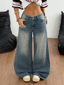 Women's High Waisted Loose Wide Leg Black Jeans, Summer Loose Plus Size Denim Pants, Casual And Elegant Daily Pants # Wide Leg Jeans # Women's Summer Jeans # Loose Jeans - 深色水洗藍 - 查看 1