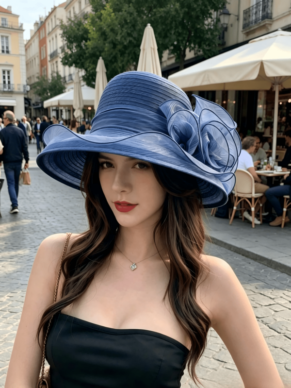 Women's Organza Floral Wide Brim Sun Hat, UPF 50+ UV Protection Elegant Summer Cap, Beach Party Hat, 2 Colors, Ideal Mother's Day Gift