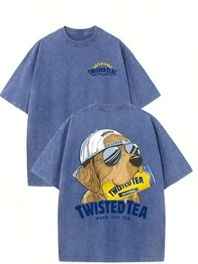 Vintage Washed Dog Graphic T‑Shirt, Retro Sunglasses Dog Print Crew Neck Short Sleeve Casual Fall Streetwear Oversized Tee For Women - 藍色 - 查看 9