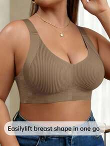 5pcs Classic Plus Size (Runs Small) Women's Non-Wired Bra, Striped Seamless Soft Support Shaping Lingerie, Adjustable Shoulder Straps, Removable Pads - Multicolor - View 10