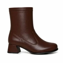 LAZZLU SHOES Women's Stretch Boot With Square Toe, Short Shaft, And Low Chunky Heel - Rust Brown - View 2
