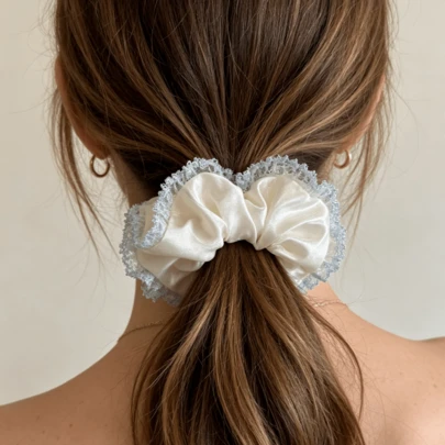 2026 New Satin Fabric Blue Trim Extra Large Hair Scrunchie, High-End Hair Tie Accessory For Women
