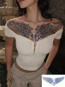 1 pieza Tatuaje temporal semi-permanente de gran tamaño con diseño de alas y tótem, adecuado para el pecho, la espalda y otras áreas, dura de 7 a 14 días, se puede usar para decoración de fiestas - Azul - Ver 1