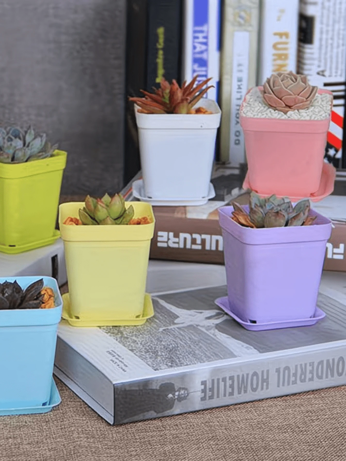 10pcs Colorful Square Plastic Succulent Planters With Trays, Suitable For Room, Garden, Office And Balcony Decoration - A - View 1