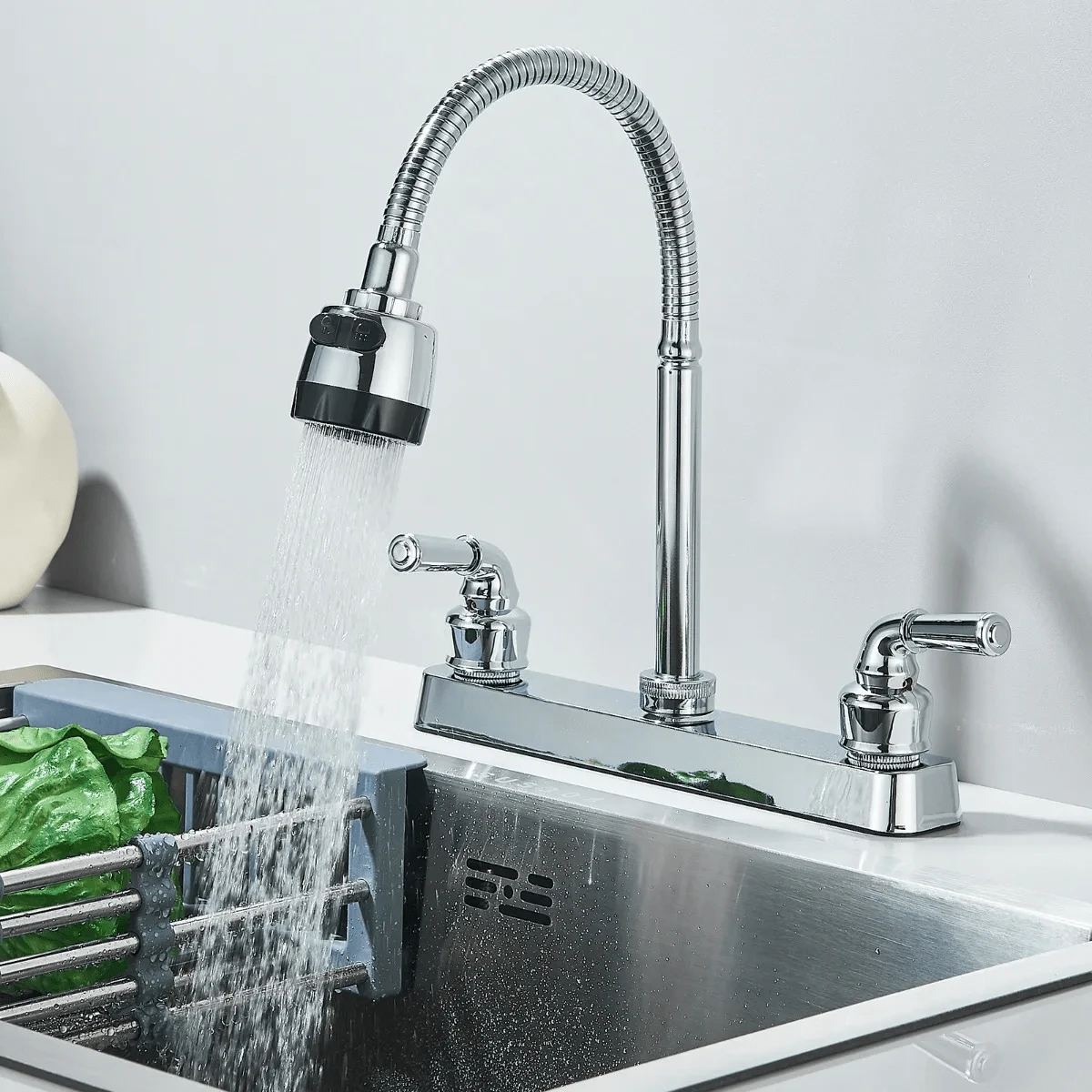 Kitchen Faucet With Sprayer, Two-Handle Kitchen Faucet With Gooseneck Flexible Hose, Two-Function Kitchen Sink Faucet (Brass Body, Easy Installation) - Silver - C - View 1