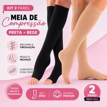 Kit Of 2 Pairs Of Zipperless Compression Socks 3/4 Length For Circulation, Varicose Veins, Swelling, Tired Legs, Edema, Orthopedic Treatment, Thrombosis, Unisex - 黑色和米色 - 查看 1