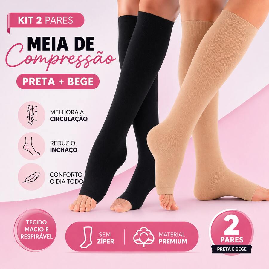 Kit Of 2 Pairs Of Zipperless Compression Socks 3/4 Length For Circulation, Varicose Veins, Swelling, Tired Legs, Edema, Orthopedic Treatment, Thrombosis, Unisex - 黑色和米色 - 查看 1