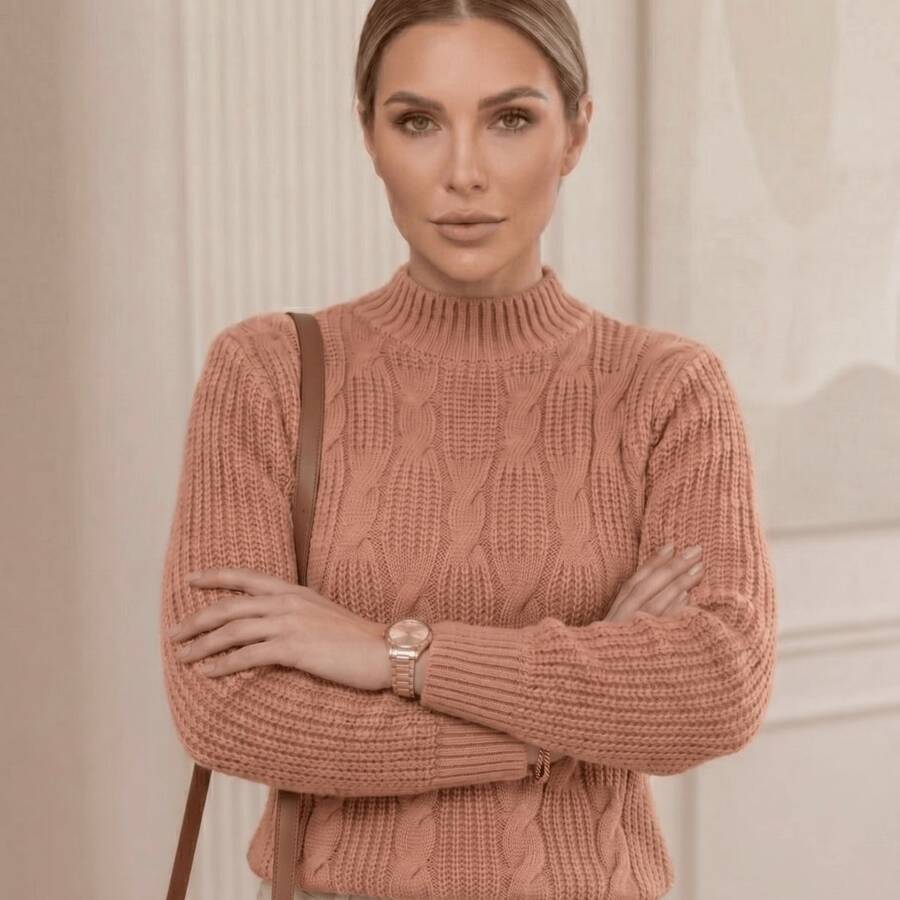 Women's Long-Sleeved Knit Sweater With Premium Collar - 珊瑚粉 - 查看 1