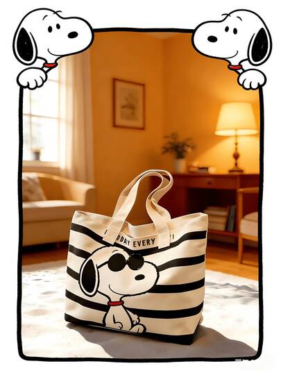  1 pieza Bolso de lona a rayas de Snoopy, bolso de hombro casual de gran capacidad para viajes. Bolso multiusos lindo, adecuado como regalo de regreso a la escuela, cumpleaños, Día de San Valentín y Día de la Madre.