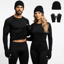 Kit Frio Térmico ( Blusa + Calça + Gorro + Luva ) Conjunto Flanelado Segunda Pele Forrado Unissex Inverno - Preto - Visão 3