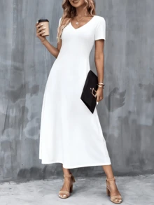 Women's White V Neck Short Sleeve A-Line Midi Dress With Pockets Beach Cover Up Graduation Bridal Flowy Sundress - White - View 4