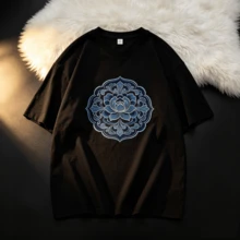 Cotton T-Shirt With Intertwined Lotus Flower Design - 黑色 - 查看 8