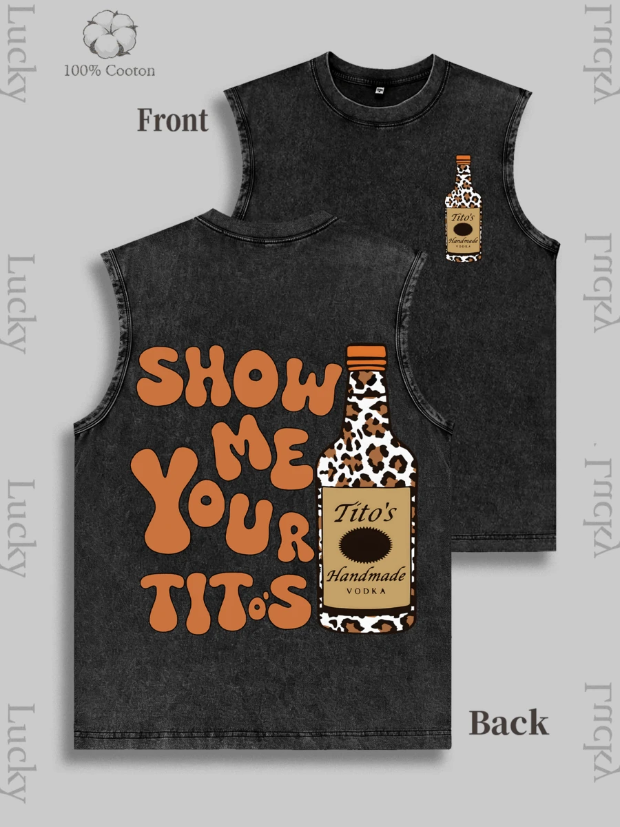 American Retro Fun Wine Culture Leopard Print Tito's Vodka Bottle Pattern Vest, SHOW ME YOU TITO'S Core Slogan Outfit, Classic Brand Label Tito's Handmade VODKA Outfit Men's Printed Vest, Fun Printed Vest, Men's Printed Vest, And 100% Cotton Vest. Design Clothing For Young People And Fashion Enthusiasts. The Ideal Choice For Casual Wear And Street Style. A Great Gift For Friends And Family. - 黑色 - 查看 1