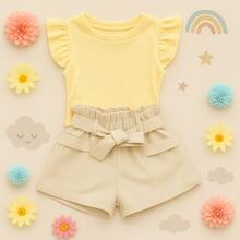 Children's And Teen Set: Cropped Blouse With Ruffles And Ribbed Detail + Linen Clochard Shorts. 2-Piece Set For Girls And Teenagers CJI033 - 裸色和嬰兒黃 - 查看 1