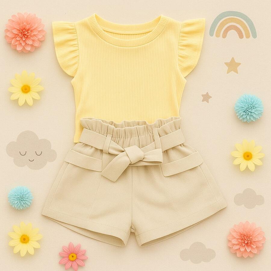 Children's And Teen Set: Cropped Blouse With Ruffles And Ribbed Detail + Linen Clochard Shorts. 2-Piece Set For Girls And Teenagers CJI033 - 裸色和嬰兒黃 - 查看 1
