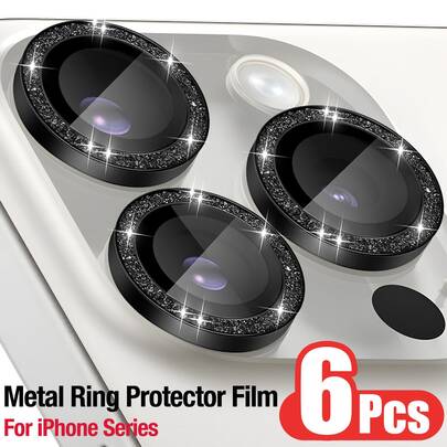 Bộ 6 miếng dán bảo vệ ống kính camera tương thích với Apple 17 Pro Max/17 Pro/17 Air/17, 16 Pro 6.3"/16 Pro Max 6.9", họa tiết kim cương lấp lánh và vòng kim loại, kính cường lực 9H, chống trầy xước, chống rơi vỡ, thích hợp sử dụng cá nhân và làm quà tặng.