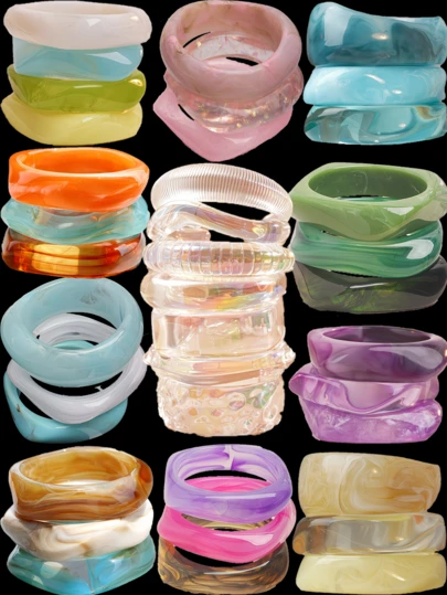 Random 6/3/1 Pcs Minimalist Elegant Casual Colorful Transparent Resin Geometric Pattern Bracelet Set For Women, Suitable For Vacation, Party, Date, Travel, Photo Shoot, Daily Wear, Banquet, Summer New Versatile Combination
