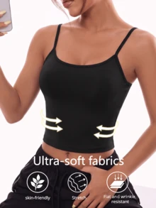 1pc Black Adjustable Strap Sports Cami, Ultra-Soft Skin-Friendly & Wrinkle-Resistant Fabric, Stretchy Form-Fitting Tank Top, Suitable For Gym, Yoga, Casual Daily Wear, All-Day Comfort - Black - View 1