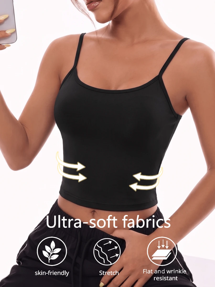 1pc Black Adjustable Strap Sports Cami, Ultra-Soft Skin-Friendly & Wrinkle-Resistant Fabric, Stretchy Form-Fitting Tank Top, Suitable For Gym, Yoga, Casual Daily Wear, All-Day Comfort - Black - View 1