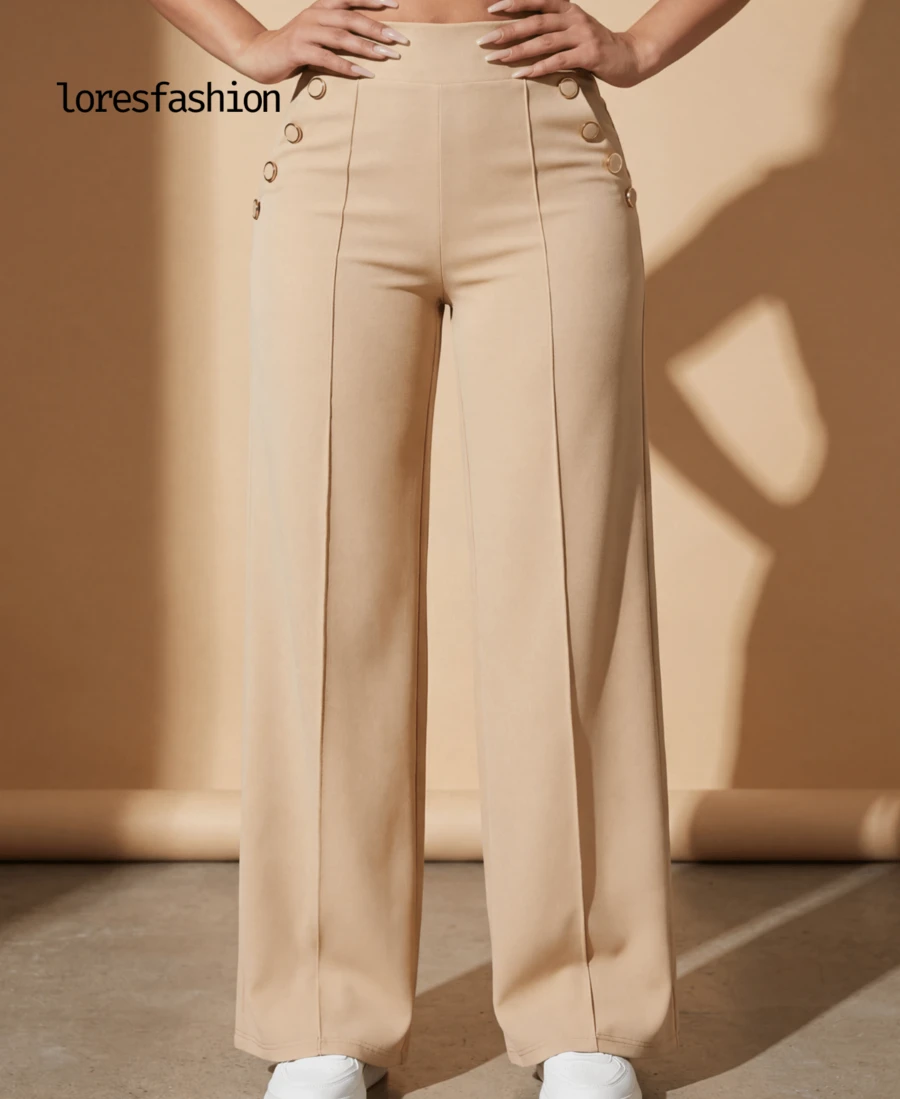 Pantalón de vestir mujer cintura alta pierna ancha stretch crepé casual elegante para oficina reuniones eventos bolsillos pretina elasticada botón forrado antiarrugas sin transparencia suave - Beis - Ver 1