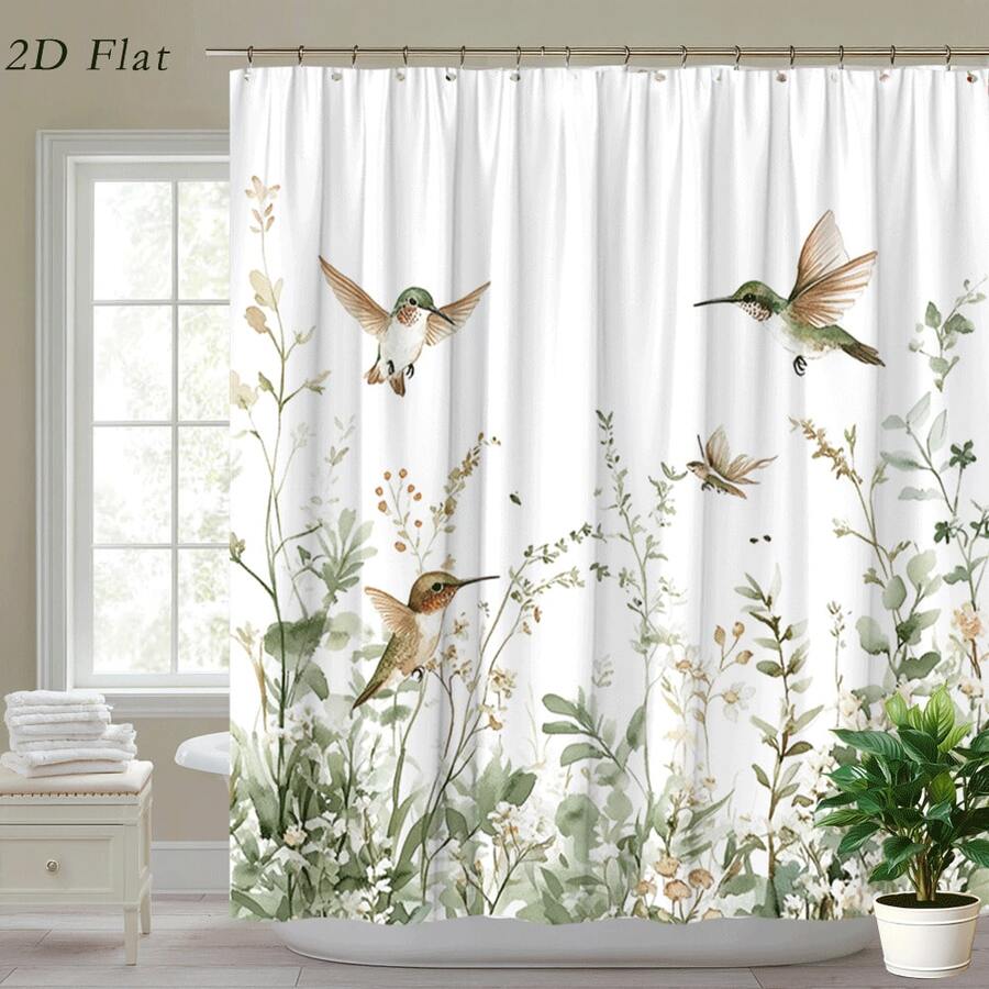 2D Flat, 2D Flat, 1pc A 2D Flat Hummingbird Watercolor Shower Curtain Featuring A Vintage Floral Nature Design, Made Of Polyester Fabric. It Serves As A Bathroom Decoration And A Bath Divider, Measuring 70.8 By 70.8 Inches And Includes 12 Hooks - Multicolor - View 1