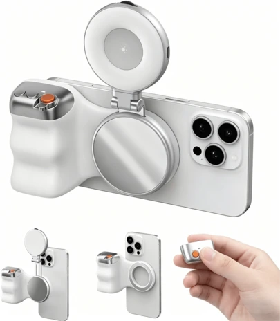 Magnetic Phone Camera Grip + C03 Magnetic Selfie Light (Silver) Bundle Kit Compatible With Magnetic Smartphones (All Major Brands), Creator Kit For Selfies/Photography/Zoom Calls/Video