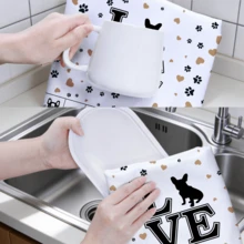 MEMNUN 2 chiếc khăn lau bếp in hình chú chó Bulldog Pháp hoạt hình, chữ "Love", kích thước 15.75*23.62in (40*60cm), chất liệu polyester siêu mềm, họa tiết dấu chân và trái tim, thích hợp trang trí nhà bếp, nhà hàng, dùng được quanh năm. - Nhiều màu - Xem 8