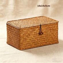 1 pieza Cesta de almacenamiento rectangular de ratán con tapa, caja de almacenamiento tejida de ratán, contenedor de almacenamiento multiusos, adecuado para juguetes, dormitorio, baño, cocina, decoración del hogar, regalo de Año Nuevo, Día de San Valentín - Marrón - Ver 2