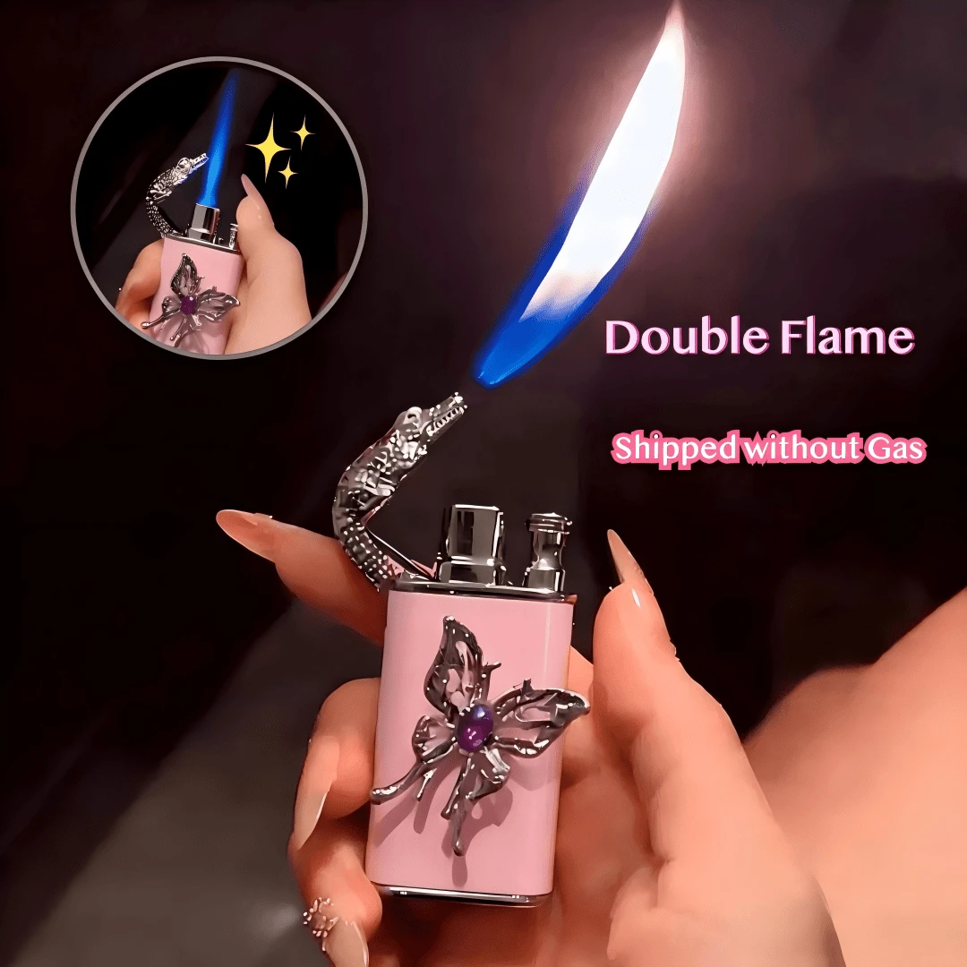 (Fuel Not Included) Unique Innovative Cute Lighter, Pink Snake/Butterfly Lighter, Windproof Dual Flame, Handmade Diamond, Portable Lighter For Candles, Camping, Christmas's Gift (Butane Not Included)(White 1) - 1pc (Butane Gas Not Included) - View 1