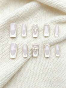 24pcs Medium-Long French Princess Style Press-On Nails, Reusable, Heart Pearl Bow Camellia Design, Sweet & Elegant, Suitable For Spring/Summer, Birthdays, Weddings, Parties, Includes 1pc Jelly Gel & 1pc Nail File - Multicolor - View 7