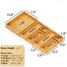 7-Piece Bamboo Drawer Organizer Storage Boxes Set, Natural Wood Tray Junk Drawer Organizers Multi-Use Divider Bins For Kitchen, Bathroom, Office Desk And Makeup Organization (7 Pack) - View 3