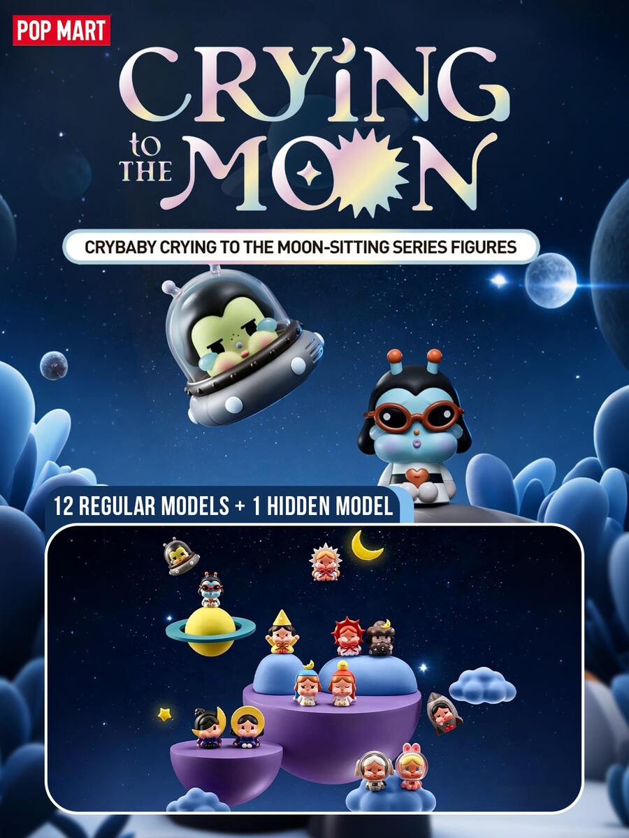 Caja misteriosa de la serie "Llorar a la luna" de POP MART CRYBABY, incluye 12 versiones regulares + 1 versión oculta, con figuras de estatuas celestiales sentadas con elementos de luna y astronauta, hechas de PVC/ABS de alta calidad, diseño artístico emocional, decoración de escritorio detallada y linda para el hogar u oficina, regalo ideal para fans de CRYBABY, entusiastas de la estética celestial, cumpleaños y aniversarios, mini escultura altamente coleccionable