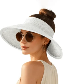 Women's Wide Brim Straw Hat, Sun Visor Hat, Ponytail Hat, Foldable Soft Hat - A - View 6