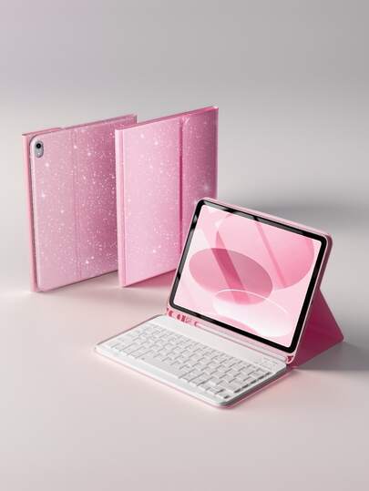 粉色闪光键盘保护套，兼容三星 Galaxy Tab 系列和 SE，带可拆卸无线蓝牙键盘和 Apple Pencil 插槽（不含 Apple Pencil），超薄轻巧支架保护套