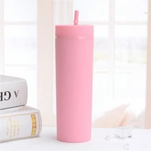 16盎司/480毫升高品质双层塑料杯，哑光橡胶涂层，可重复使用，直吸管杯，男女通用办公水瓶 - 彩色 - 查看 11