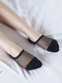 5/8 双装女士网眼隐形船袜，透明闪光薄款隐形袜，防滑透气休闲低帮袜，夏季薄款，随机颜色套装 - 彩色 - 查看 2