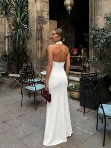 Đầm dạ hội dài thanh lịch, đầm dự tiệc trang trọng, đầm nữ hở lưng sang trọng, thích hợp cho đi biển, hẹn hò, đám cưới, tiệc tùng, bữa tối trang trọng, màu trắng mùa hè. - trắng - Xem 1