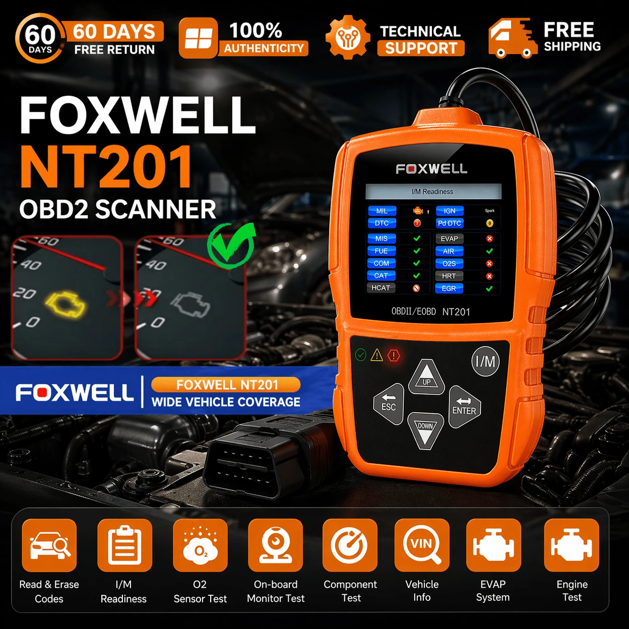 2026 FOXWELL NT201 OBD2 Scanner,UK Car Diagnostic Tool,Check Engine Light Reset,Fault Code Reader & Live Data,EOBD Scanner For 1996+ Vehicles,Ideal Gift For Drivers