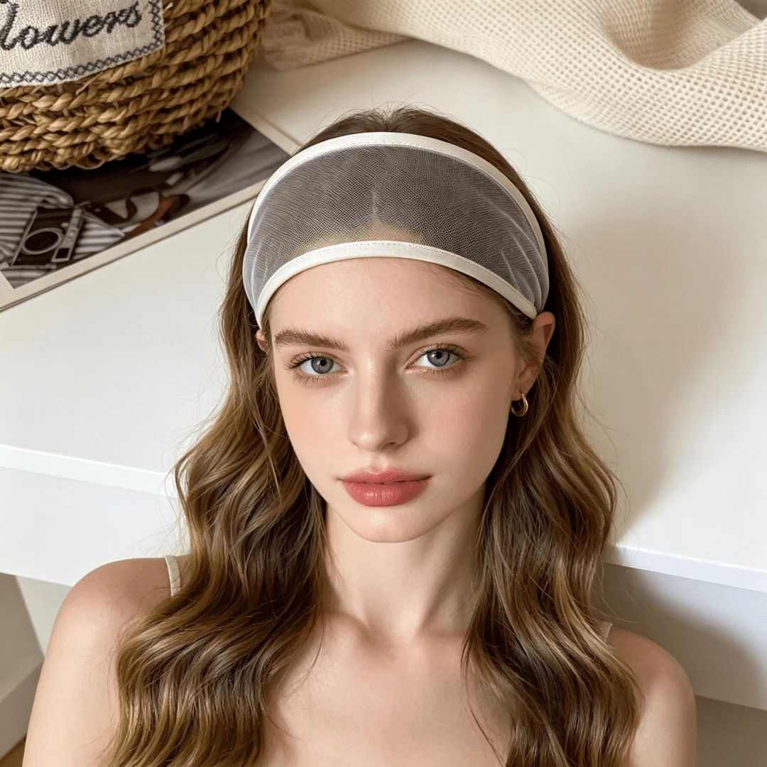 Korean Minimalist Black & White Mesh Wide-Brimmed Headband, Elegant Versatile Hair Accessory,Travel,Birthday - Beige - View 1