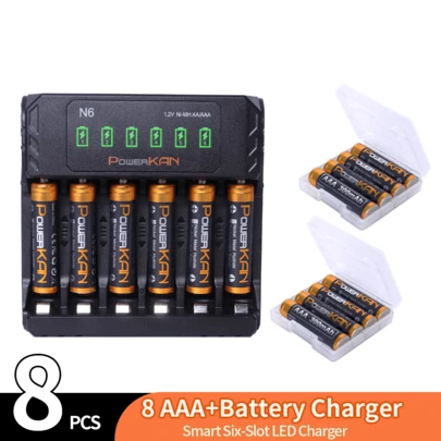  PowerKAN 可充电套装：N6 智能充电器（6 槽，5V/2A USB）和 8 节 300mAh 1.2V 镍氢可充电电池。高性能，可重复使用，非常适合家用设备。