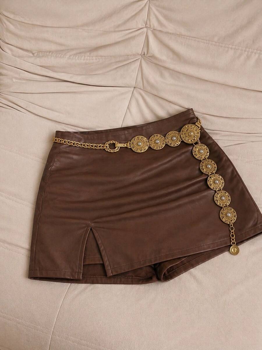 Short Saica Courinho Lisa Cintura Alta Moda Bloqueira - Marrom - Visão 1