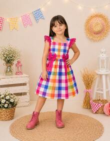 Girls' Dress For June Festival, Christmas, Plaid, Country, Rodeo, Square Dance, Ruffled, Elastic, Flowing Sleeves, Ruffled Lace, Northeast, São João Festivities, Queen Of Popcorn, Adjustable, Ruffled Skirt, Charming Look, Modern Country-Style Outfit, Loose Fit, Lightweight, Comfortable Fabric, Flexible Design, Perfect Fit, Ideal For Square Dance, School, Events, Monthly Celebrations, Photoshoots, Typical São João Festival, Cheerful Look, Current Style, Fashionable Girl, Well-Finished Clothing, High Quality, Soft Touch, Free Movement, Guaranteed Comfort, Timeless Piece, Classic Style, Commemorative Clothing, Charming Girl's Outfit, Traditional Print, Cultural Clothing, Sophisticated Children's Clothing, Delicate Look, Versatile Clothing, Elegant June Festival Girl's Outfit, Made With Careful Details, Colorful Look Inspired By June Traditions, Clothing That Values Comfort, Freedom Of Movement, Impeccable Appearance, Ideal Gift For Charming Girls - 棉花糖 - 查看 1